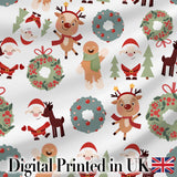 Cute Santa Reindeer Gingerbread Wreath Seamless Pattern Digital Print Fabric by the Metre UK Sewing Quilting Textile