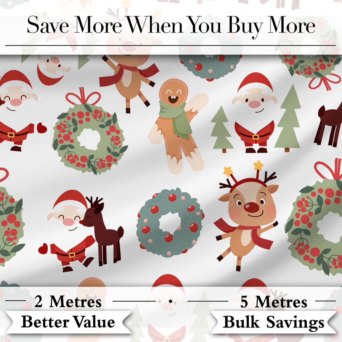 Cute Santa Reindeer Gingerbread Wreath Seamless Pattern Digital Print Fabric by the Metre UK Sewing Quilting Textile