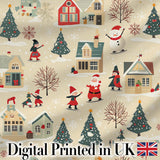 Vintage Christmas Village Snowman Santa Winter Scene Seamless Pattern Digital Print Fabric by the Metre UK Sewing Quilting Textile