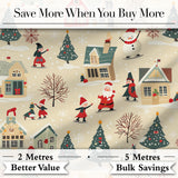 Vintage Christmas Village Snowman Santa Winter Scene Seamless Pattern Digital Print Fabric by the Metre UK Sewing Quilting Textile