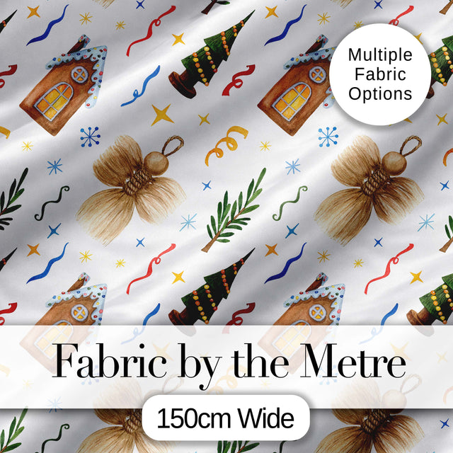 Rustic Christmas Angel House Tree Stars Seamless Pattern Digital Print Fabric by the Metre UK Sewing Quilting Textile