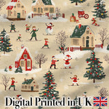 Classic Winter Village Ice Skating Christmas Scene Seamless Pattern Digital Print Fabric by the Metre UK Sewing Quilting Textile