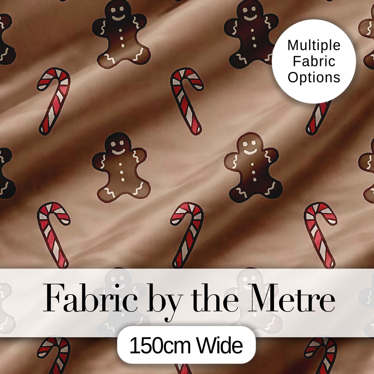 Gingerbread Man Candy Cane Brown Christmas Seamless Pattern Digital Print Fabric by the Metre UK Sewing Quilting Textile