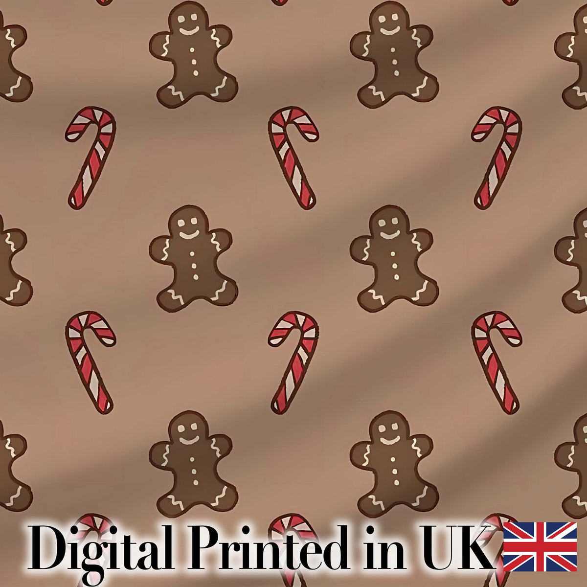 Gingerbread Man Candy Cane Brown Christmas Seamless Pattern Digital Print Fabric by the Metre UK Sewing Quilting Textile