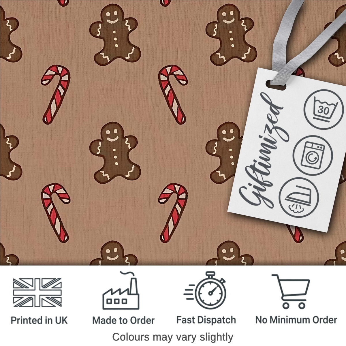 Gingerbread Man Candy Cane Brown Christmas Seamless Pattern Digital Print Fabric by the Metre UK Sewing Quilting Textile