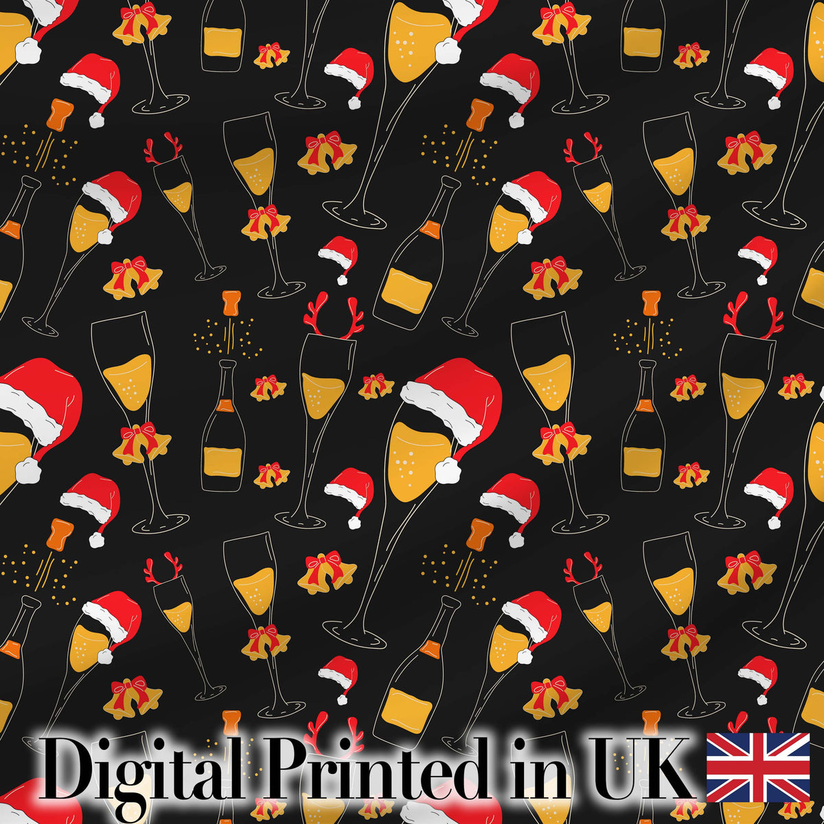 Festive Champagne Glass Santa Hat Bells Seamless Pattern Digital Print Fabric by the Metre UK Sewing Quilting Textile