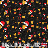 Festive Champagne Glass Santa Hat Bells Seamless Pattern Digital Print Fabric by the Metre UK Sewing Quilting Textile