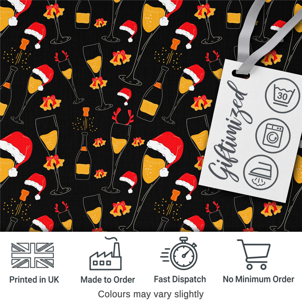 Festive Champagne Glass Santa Hat Bells Seamless Pattern Digital Print Fabric by the Metre UK Sewing Quilting Textile