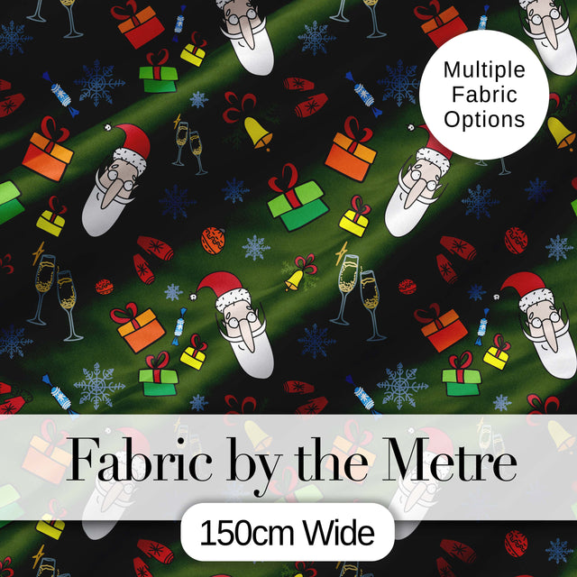 Santa Claus Gifts Mittens Champagne Glass Snowflakes Festive Seamless Pattern Digital Print Fabric by the Metre UK Sewing Quilting Textile