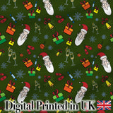 Santa Claus Gifts Mittens Champagne Glass Snowflakes Festive Seamless Pattern Digital Print Fabric by the Metre UK Sewing Quilting Textile