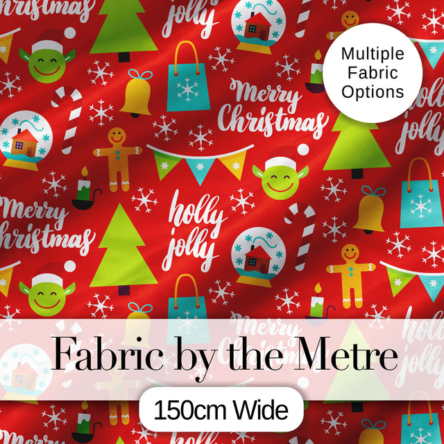 Merry Christmas Holly Jolly Tree Candy Cane Snowflake Festive Seamless Pattern Digital Print Fabric by the Metre UK Sewing Quilting Textile