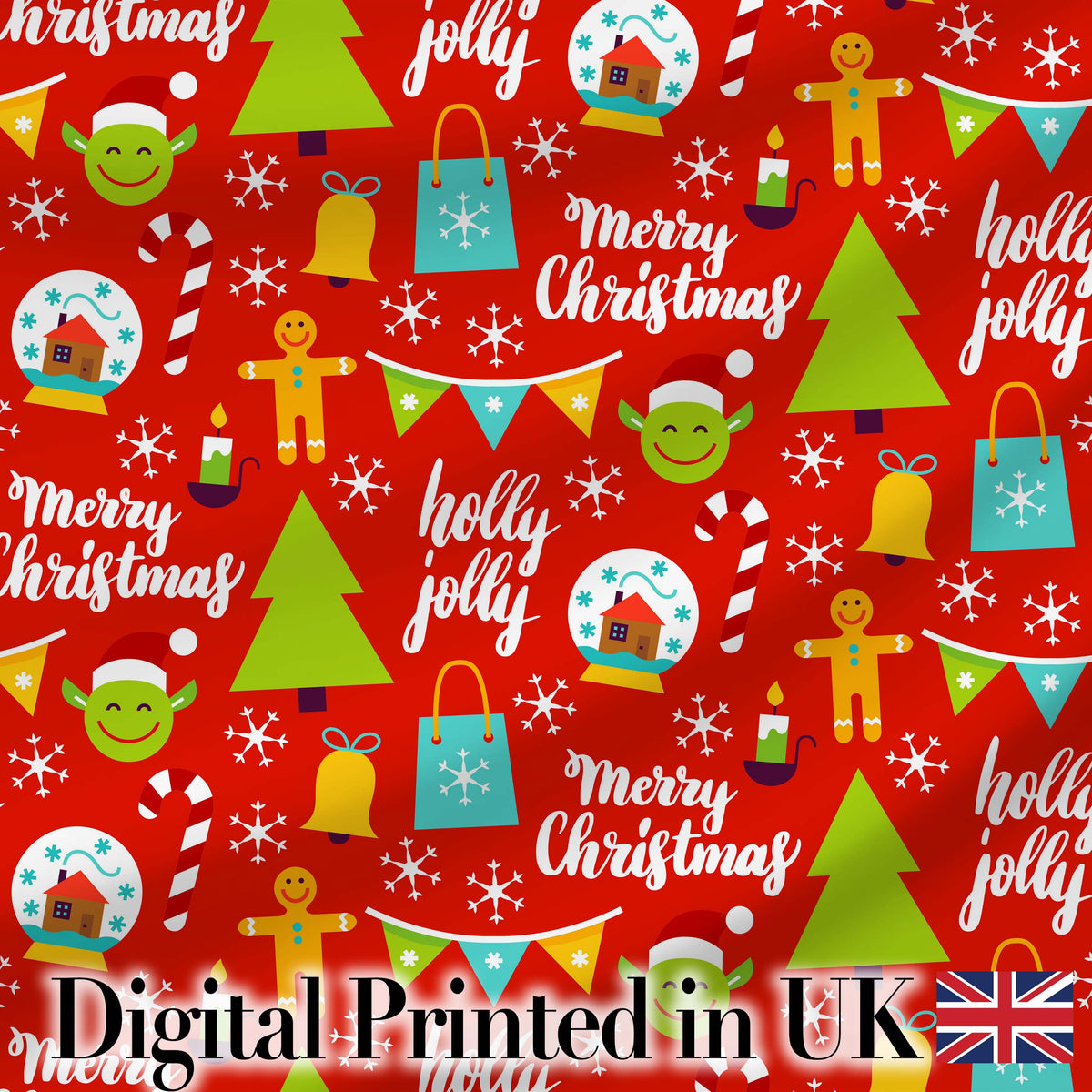 Merry Christmas Holly Jolly Tree Candy Cane Snowflake Festive Seamless Pattern Digital Print Fabric by the Metre UK Sewing Quilting Textile