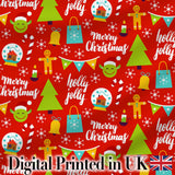 Merry Christmas Holly Jolly Tree Candy Cane Snowflake Festive Seamless Pattern Digital Print Fabric by the Metre UK Sewing Quilting Textile