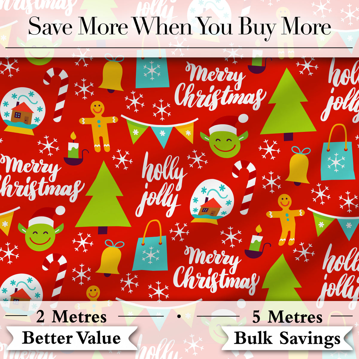 Merry Christmas Holly Jolly Tree Candy Cane Snowflake Festive Seamless Pattern Digital Print Fabric by the Metre UK Sewing Quilting Textile