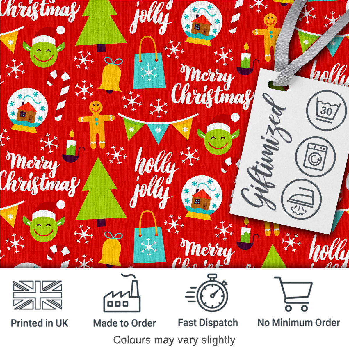 Merry Christmas Holly Jolly Tree Candy Cane Snowflake Festive Seamless Pattern Digital Print Fabric by the Metre UK Sewing Quilting Textile