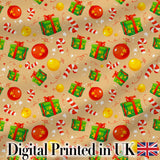 Christmas Baubles Candy Cane Gift Boxes Ornaments Festive Seamless Pattern Digital Print Fabric by the Metre UK Sewing Quilting Textile