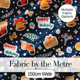 Happy Holiday Bells Gift Box Snowflakes Winter Festive Seamless Pattern Digital Print Fabric by the Metre UK Sewing Quilting Textile