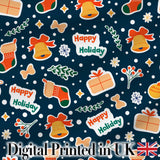 Happy Holiday Bells Gift Box Snowflakes Winter Festive Seamless Pattern Digital Print Fabric by the Metre UK Sewing Quilting Textile