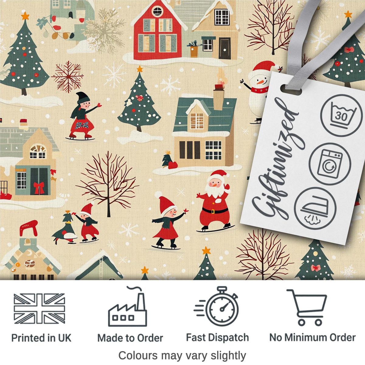 Vintage Christmas Village Snowman Santa Ice Skating Festive Winter Scene  Digital Print Fabric by the Metre UK Sewing Quilting Textile
