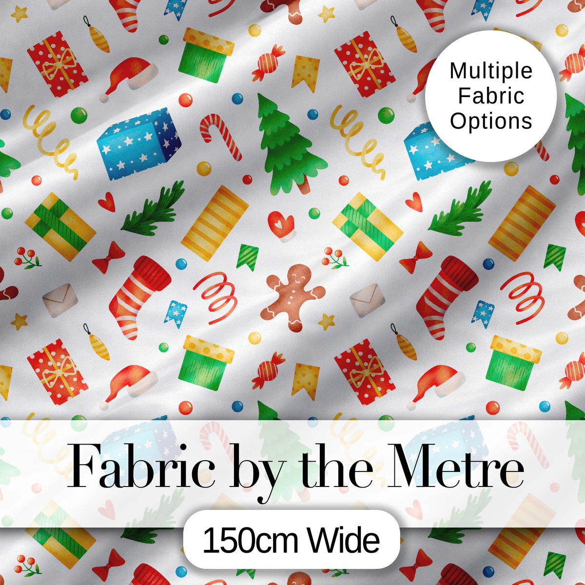 Watercolor Christmas Gifts Candy Gingerbread Festive Holiday Seamless Pattern Digital Print Fabric by the Metre UK Sewing Quilting Textile