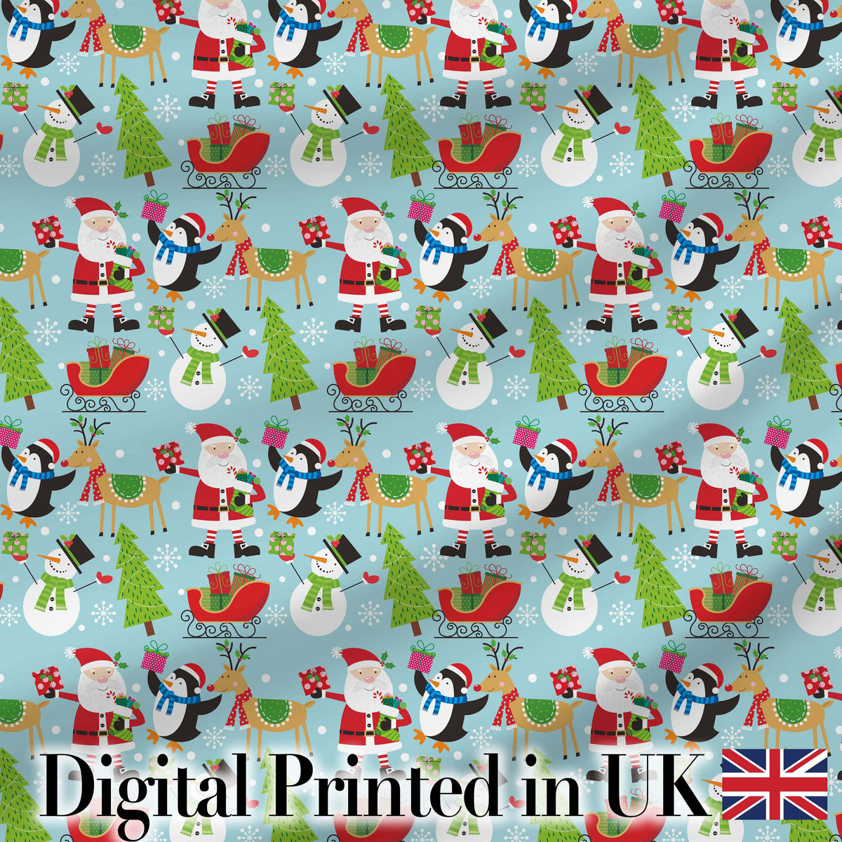 Santa Reindeer Penguin Sleigh Snowman Christmas Fun Seamless Pattern Digital Print Fabric by the Metre UK Sewing Quilting Textile
