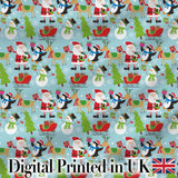 Santa Reindeer Penguin Sleigh Snowman Christmas Fun Seamless Pattern Digital Print Fabric by the Metre UK Sewing Quilting Textile