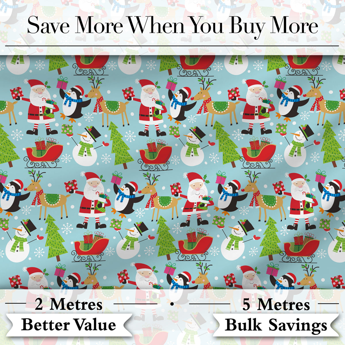 Santa Reindeer Penguin Sleigh Snowman Christmas Fun Seamless Pattern Digital Print Fabric by the Metre UK Sewing Quilting Textile