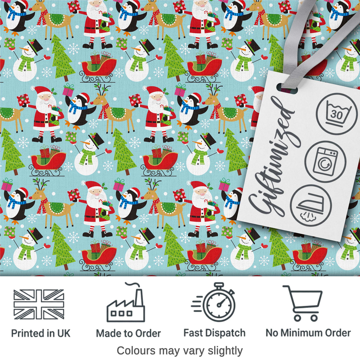 Santa Reindeer Penguin Sleigh Snowman Christmas Fun Seamless Pattern Digital Print Fabric by the Metre UK Sewing Quilting Textile