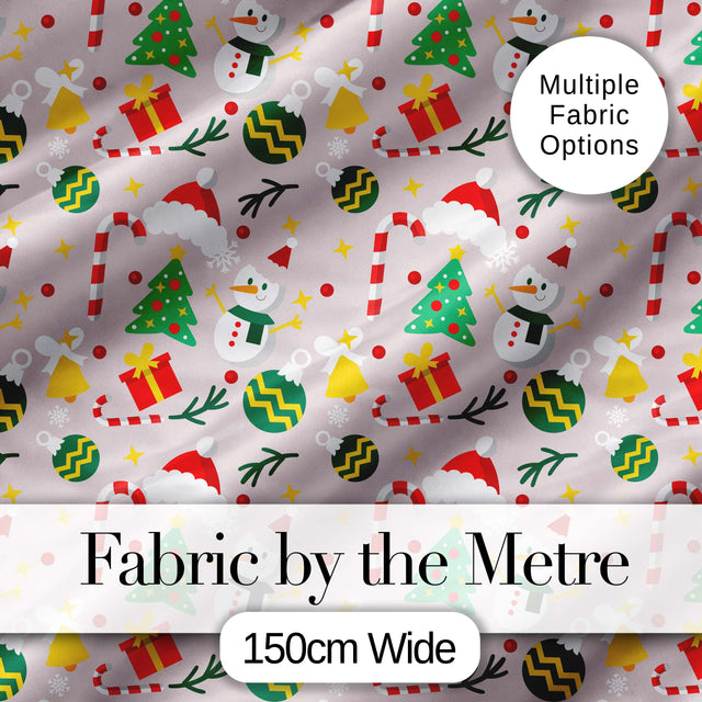 Cute Snowman Tree Candy Cane Ornaments Holiday Seamless Pattern Digital Print Fabric by the Metre UK Sewing Quilting Textile