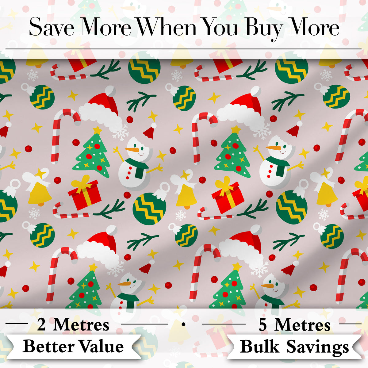 Cute Snowman Tree Candy Cane Ornaments Holiday Seamless Pattern Digital Print Fabric by the Metre UK Sewing Quilting Textile