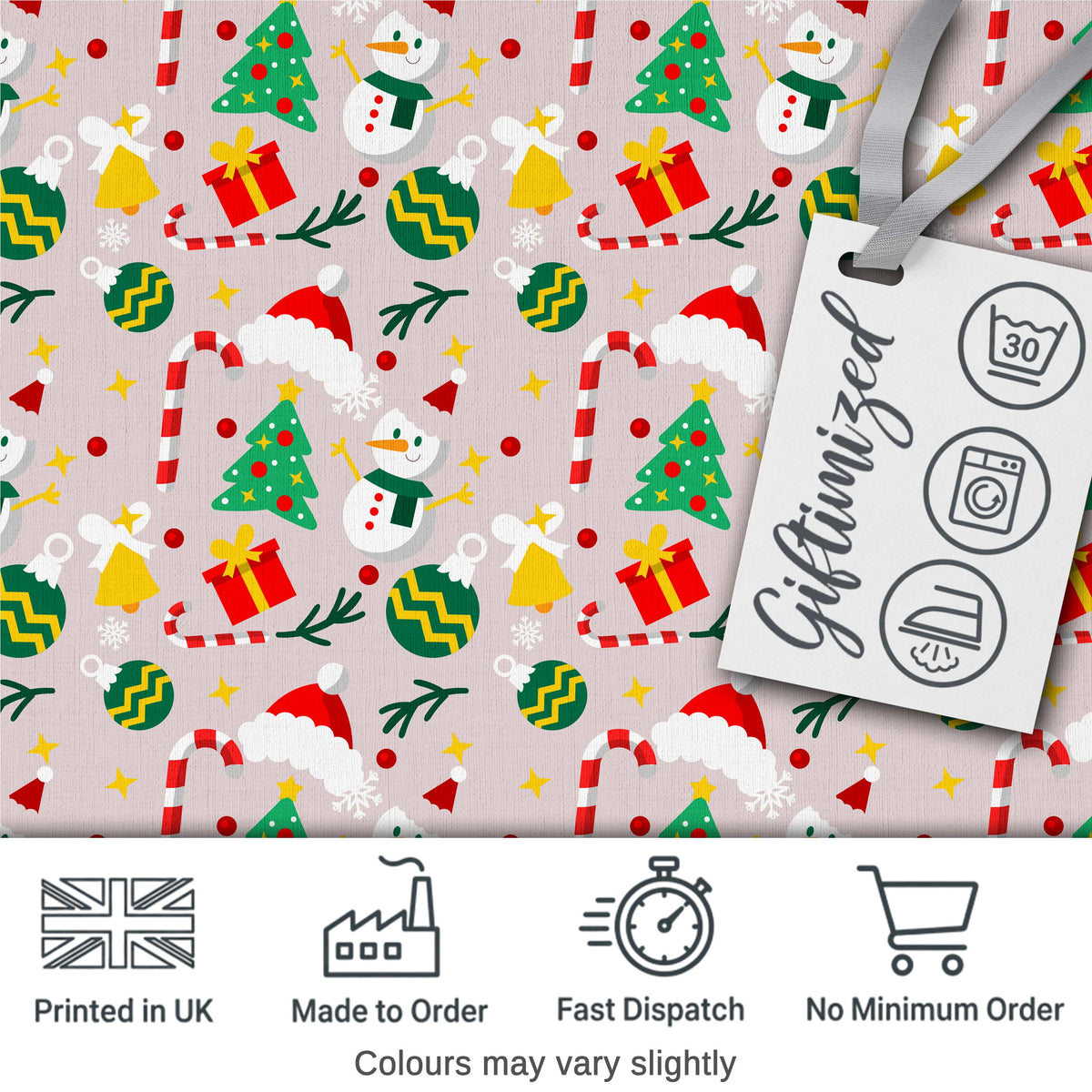 Cute Snowman Tree Candy Cane Ornaments Holiday Seamless Pattern Digital Print Fabric by the Metre UK Sewing Quilting Textile
