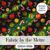 Green Christmas Gifts Baubles Candy Cane Festive Holiday Seamless Pattern Digital Print Fabric by the Metre UK Sewing Quilting Textile