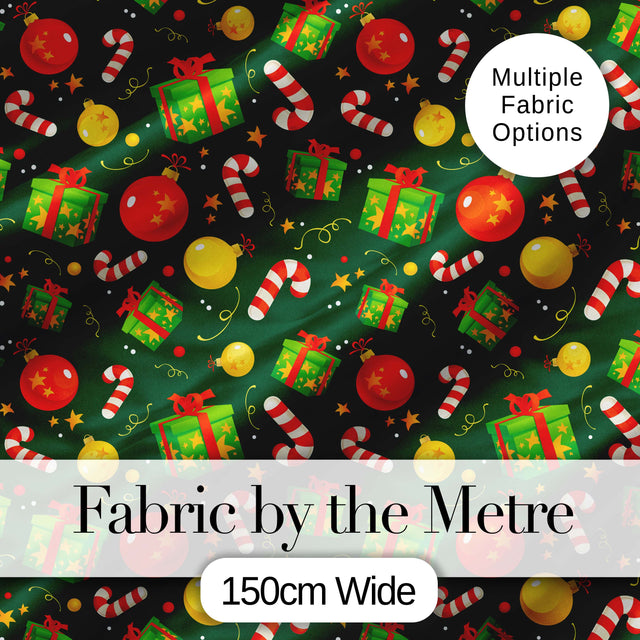 Green Christmas Gifts Baubles Candy Cane Festive Holiday Seamless Pattern Digital Print Fabric by the Metre UK Sewing Quilting Textile