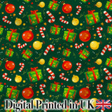 Green Christmas Gifts Baubles Candy Cane Festive Holiday Seamless Pattern Digital Print Fabric by the Metre UK Sewing Quilting Textile