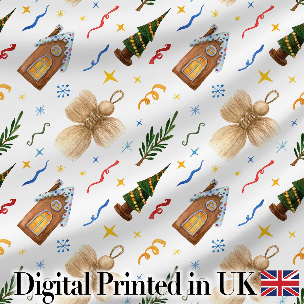 Watercolor Rustic Christmas House Tree Angel Ornament Seamless Pattern Digital Print Fabric by the Metre UK Sewing Quilting Textile