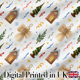 Watercolor Rustic Christmas House Tree Angel Ornament Seamless Pattern Digital Print Fabric by the Metre UK Sewing Quilting Textile
