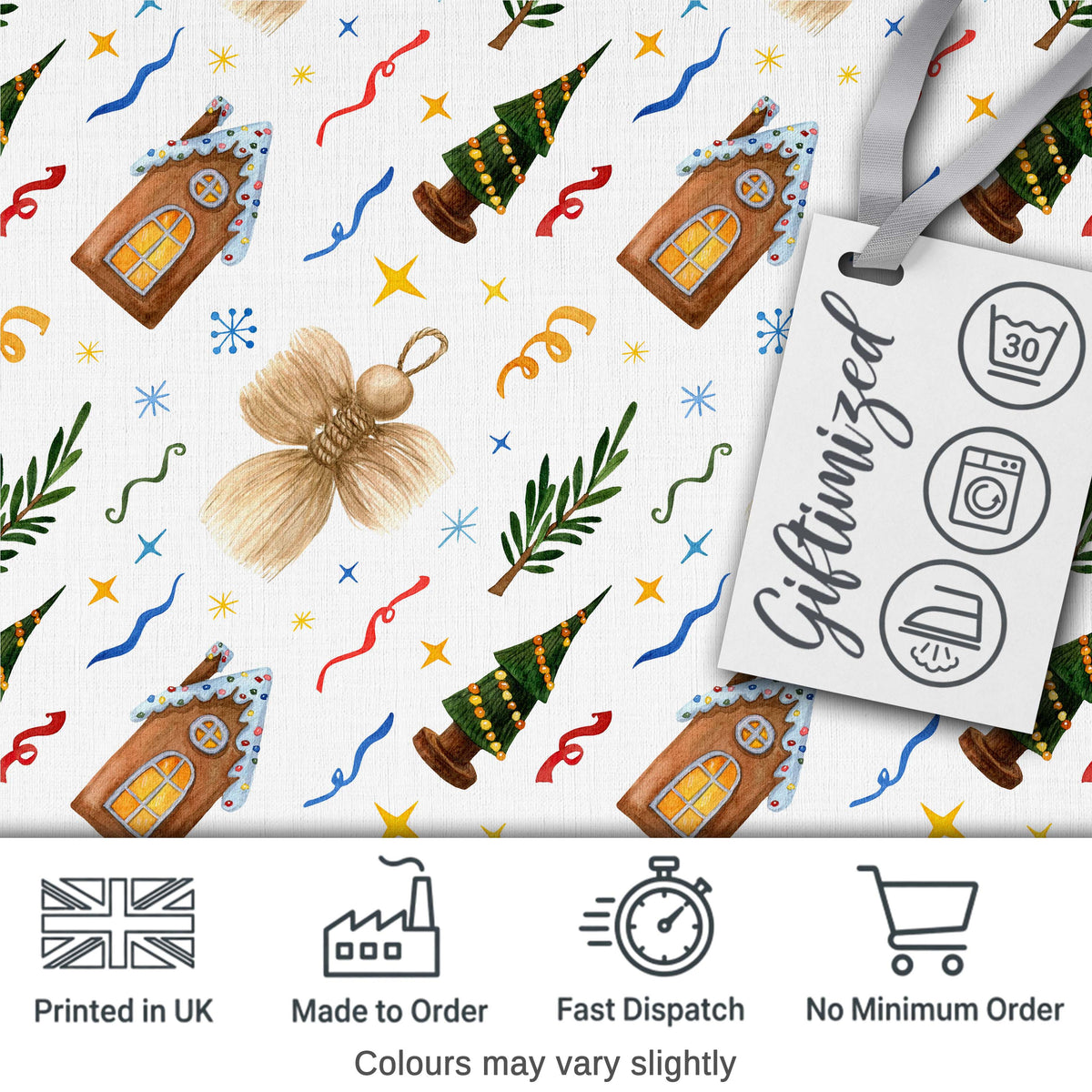 Watercolor Rustic Christmas House Tree Angel Ornament Seamless Pattern Digital Print Fabric by the Metre UK Sewing Quilting Textile