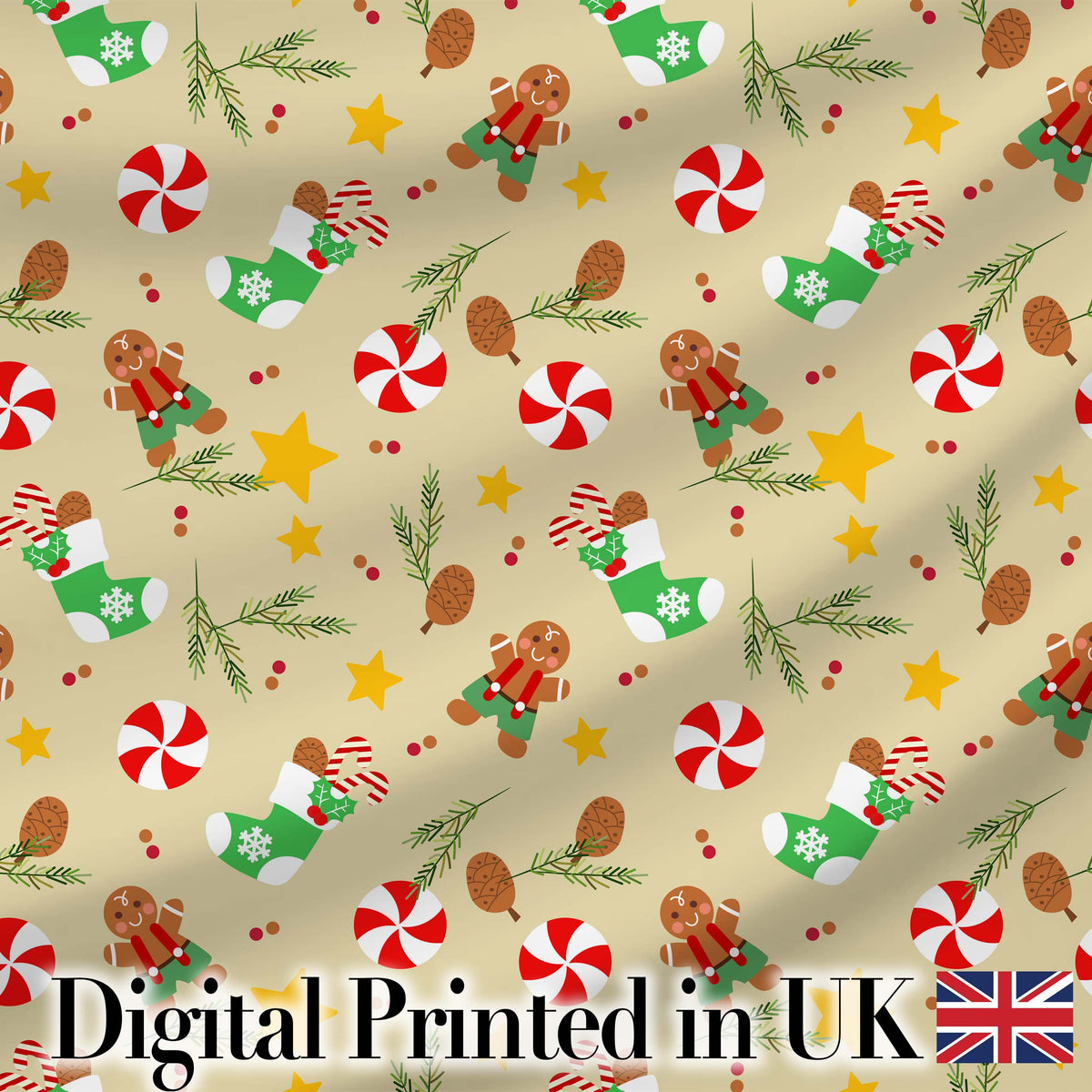 Gingerbread Cookies Candy Cane Socks Pine Branch Festive Seamless Pattern Digital Print Fabric by the Metre UK Sewing Quilting Textile