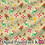 Gingerbread Cookies Candy Cane Socks Pine Branch Festive Seamless Pattern Digital Print Fabric by the Metre UK Sewing Quilting Textile