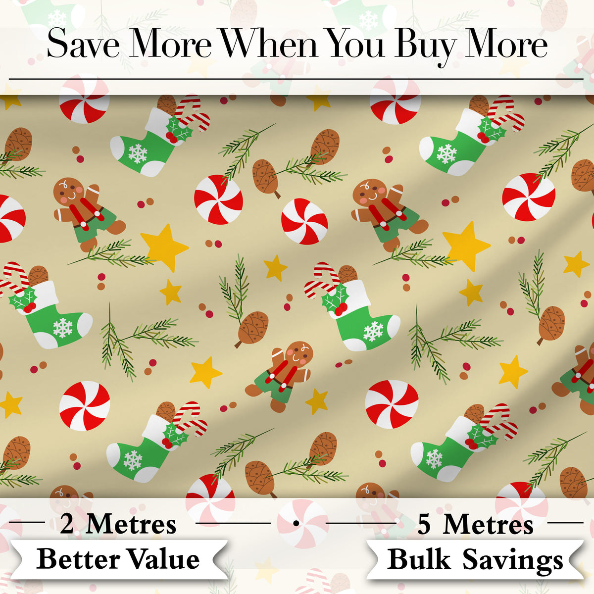 Gingerbread Cookies Candy Cane Socks Pine Branch Festive Seamless Pattern Digital Print Fabric by the Metre UK Sewing Quilting Textile