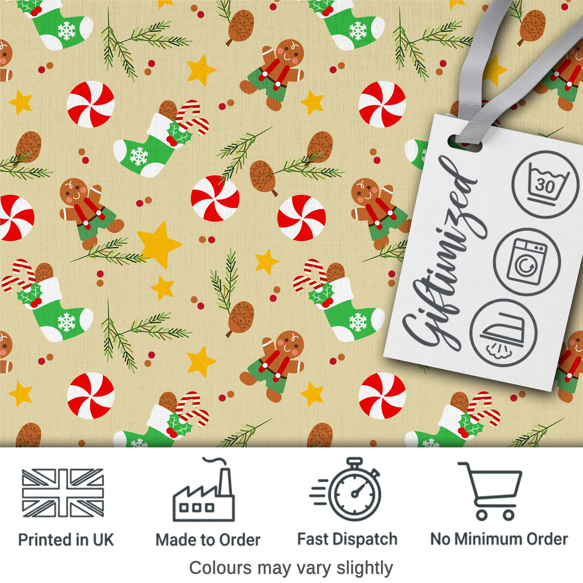 Gingerbread Cookies Candy Cane Socks Pine Branch Festive Seamless Pattern Digital Print Fabric by the Metre UK Sewing Quilting Textile