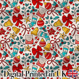 Holiday Bells Bows Stockings Candy Cane Christmas Seamless Pattern Digital Print Fabric by the Metre UK Sewing Quilting Textile