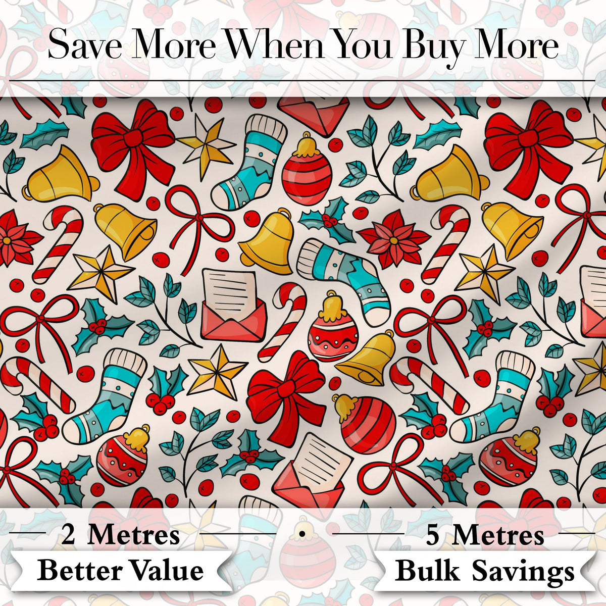 Holiday Bells Bows Stockings Candy Cane Christmas Seamless Pattern Digital Print Fabric by the Metre UK Sewing Quilting Textile