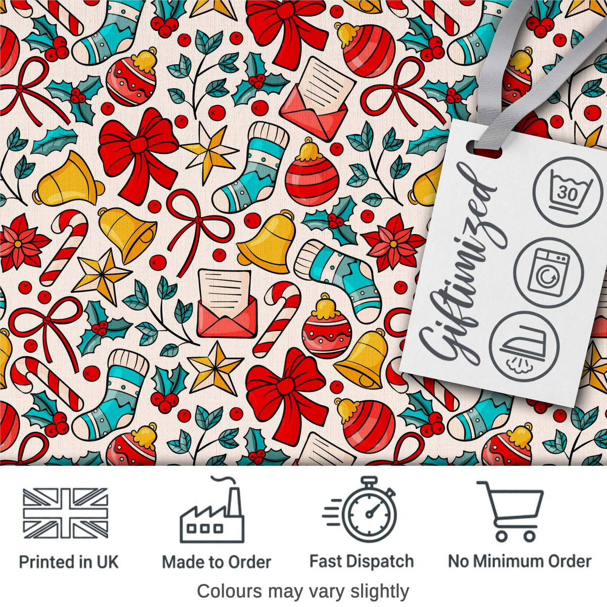 Holiday Bells Bows Stockings Candy Cane Christmas Seamless Pattern Digital Print Fabric by the Metre UK Sewing Quilting Textile