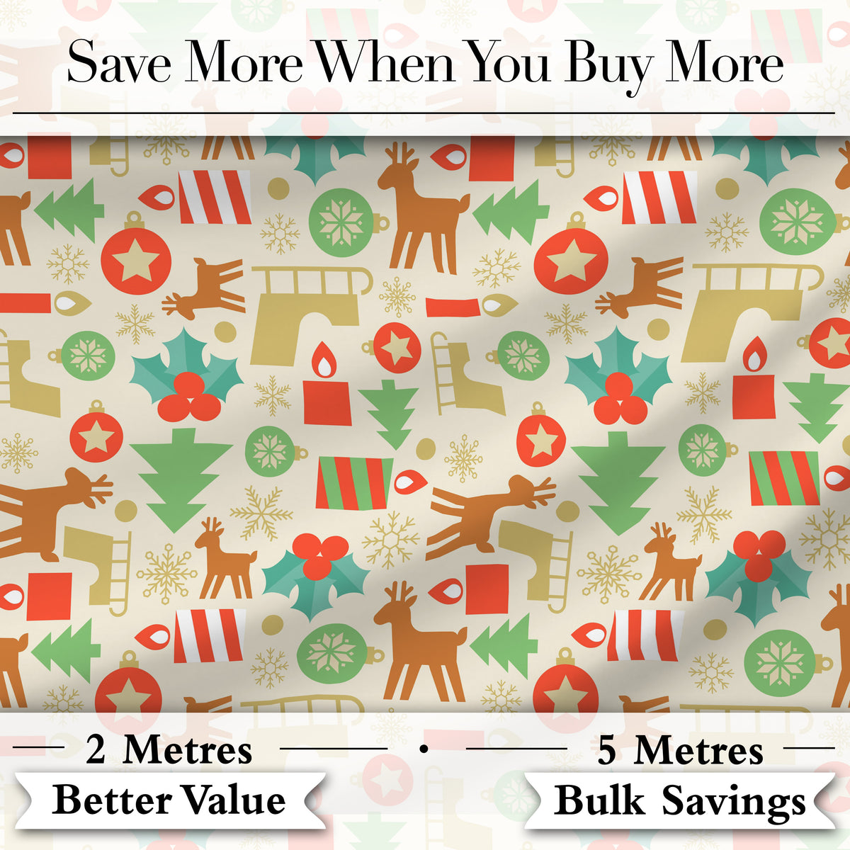 Scandinavian Reindeer Trees Ornaments Christmas Seamless Pattern Digital Print Fabric by the Metre UK Sewing Quilting Textile