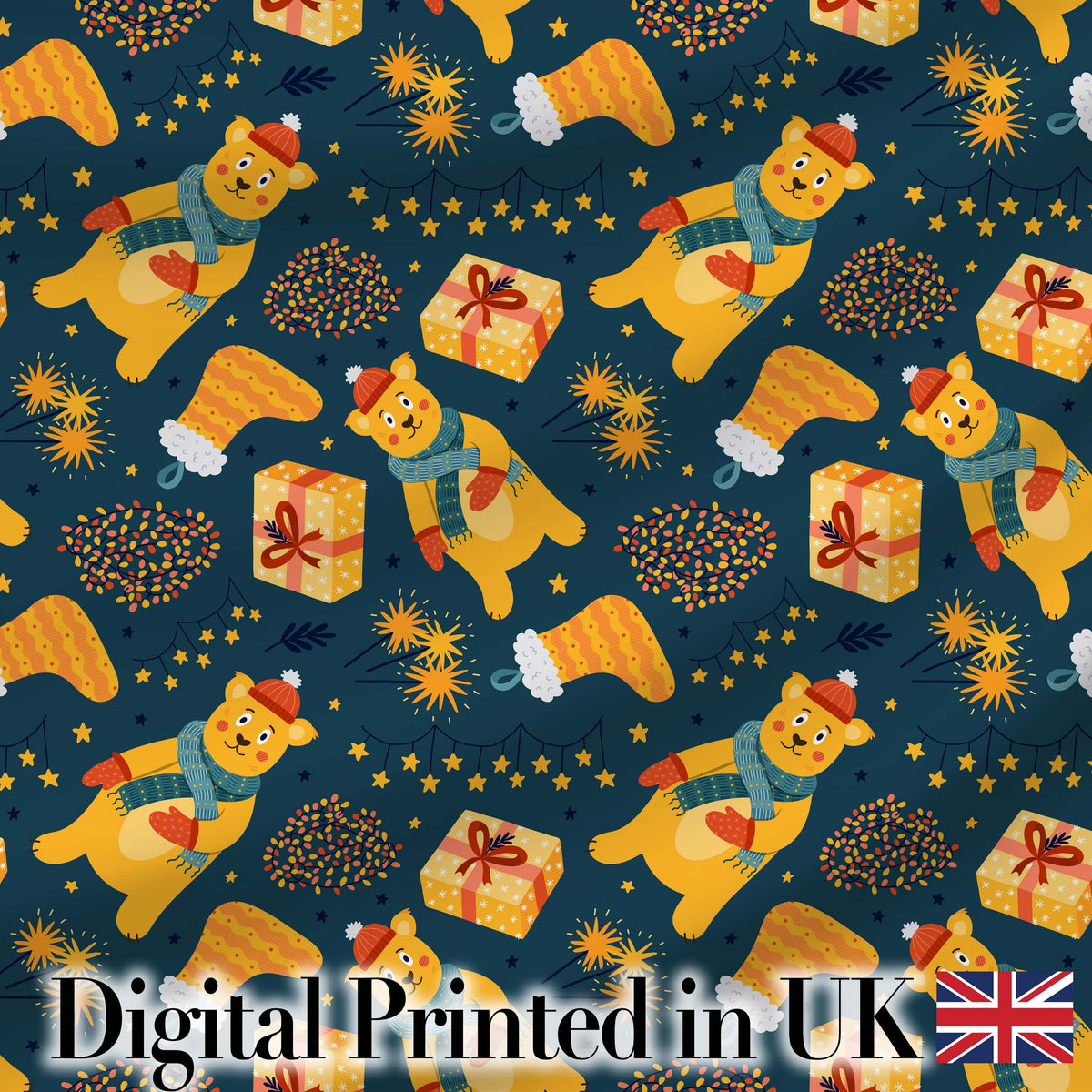 Cute Winter Bears Gifts Lights Cozy Christmas Seamless Pattern Digital Print Fabric by the Metre UK Sewing Quilting Textile