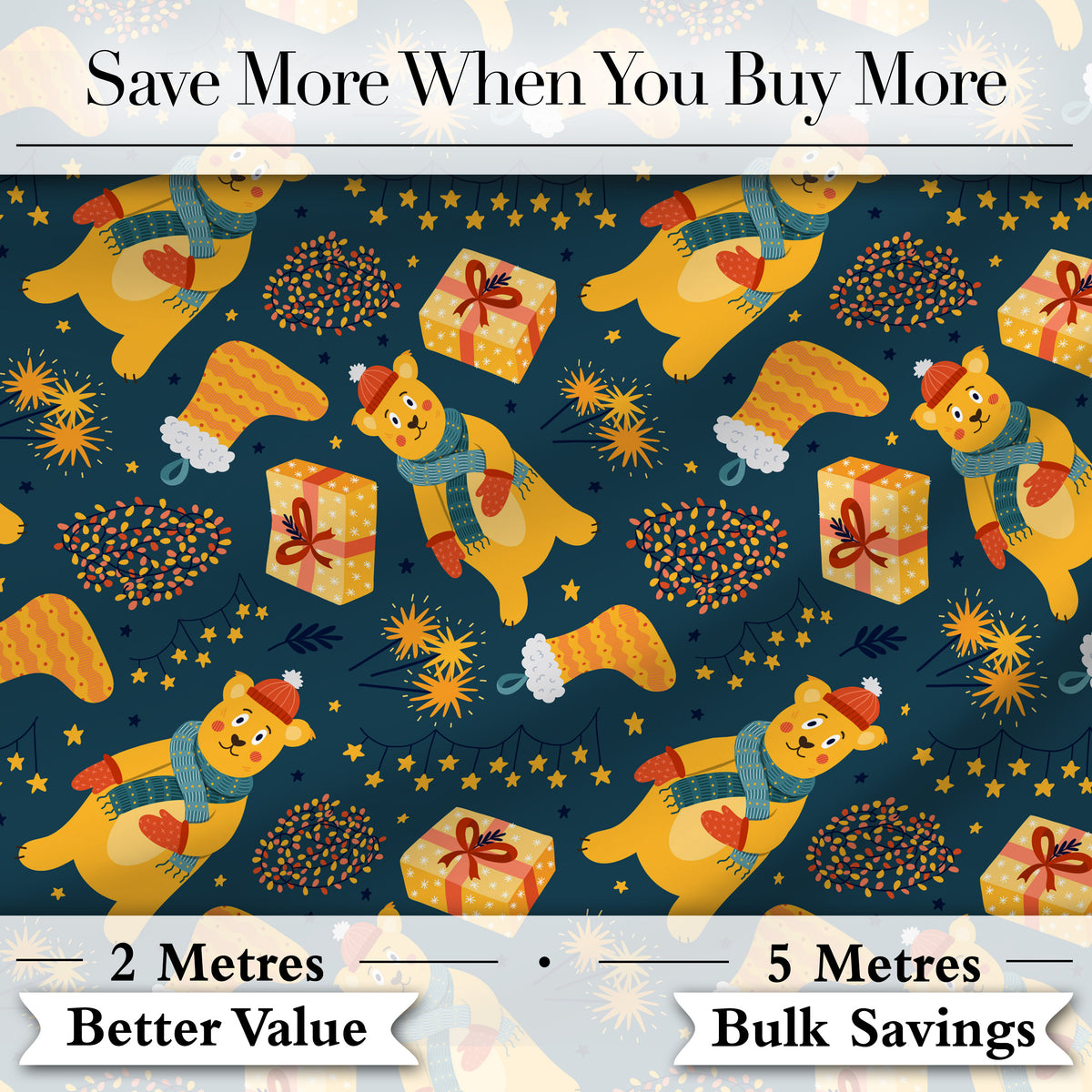 Cute Winter Bears Gifts Lights Cozy Christmas Seamless Pattern Digital Print Fabric by the Metre UK Sewing Quilting Textile