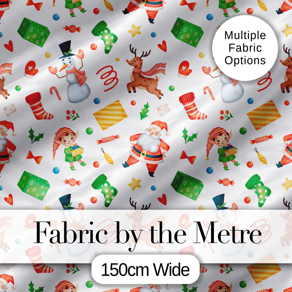 Cute Santa Snowman Reindeer Elf Christmas Holiday Fun Seamless Pattern Digital Print Fabric by the Metre UK Sewing Quilting Textile