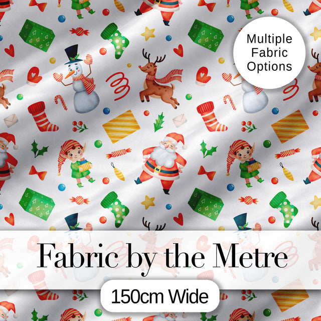Cute Santa Snowman Reindeer Elf Christmas Holiday Fun Seamless Pattern Digital Print Fabric by the Metre UK Sewing Quilting Textile