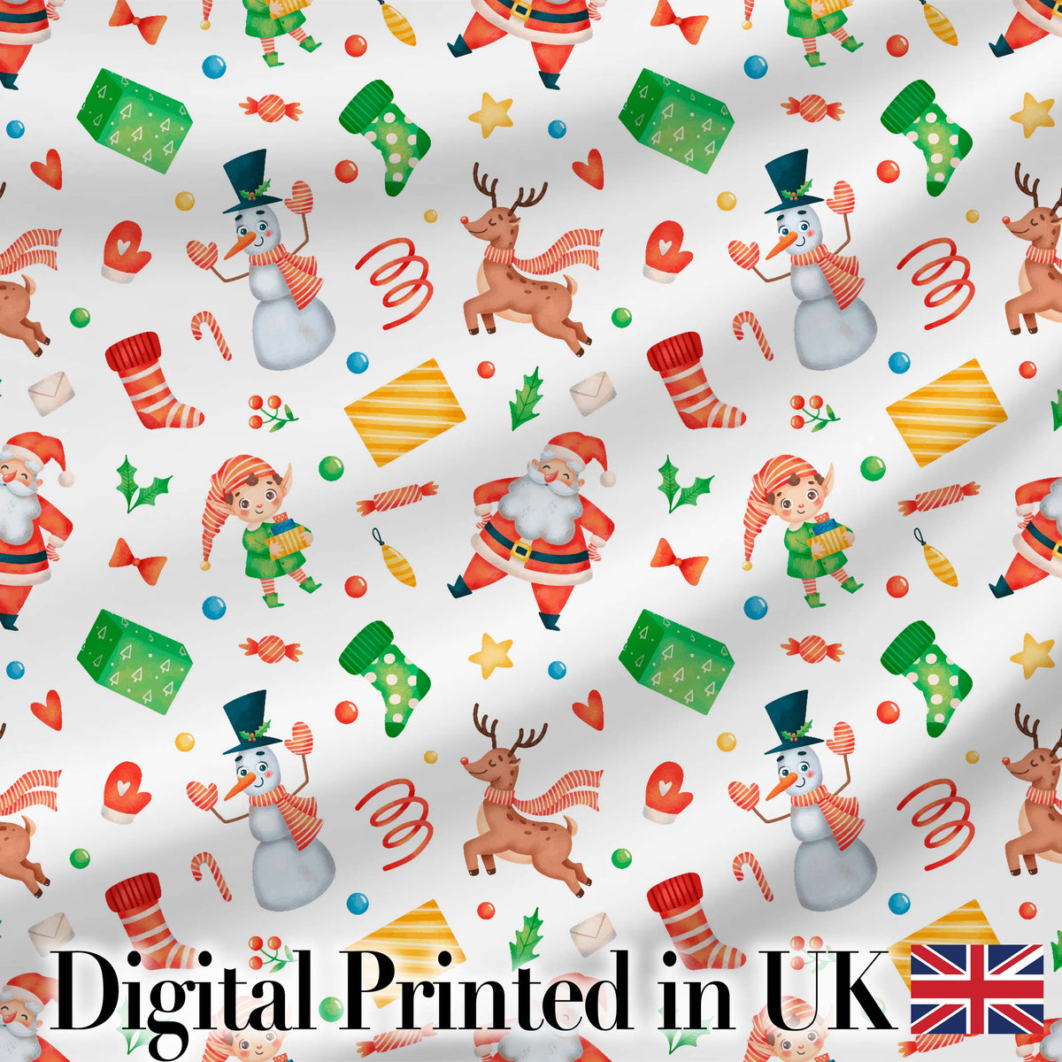 Cute Santa Snowman Reindeer Elf Christmas Holiday Fun Seamless Pattern Digital Print Fabric by the Metre UK Sewing Quilting Textile